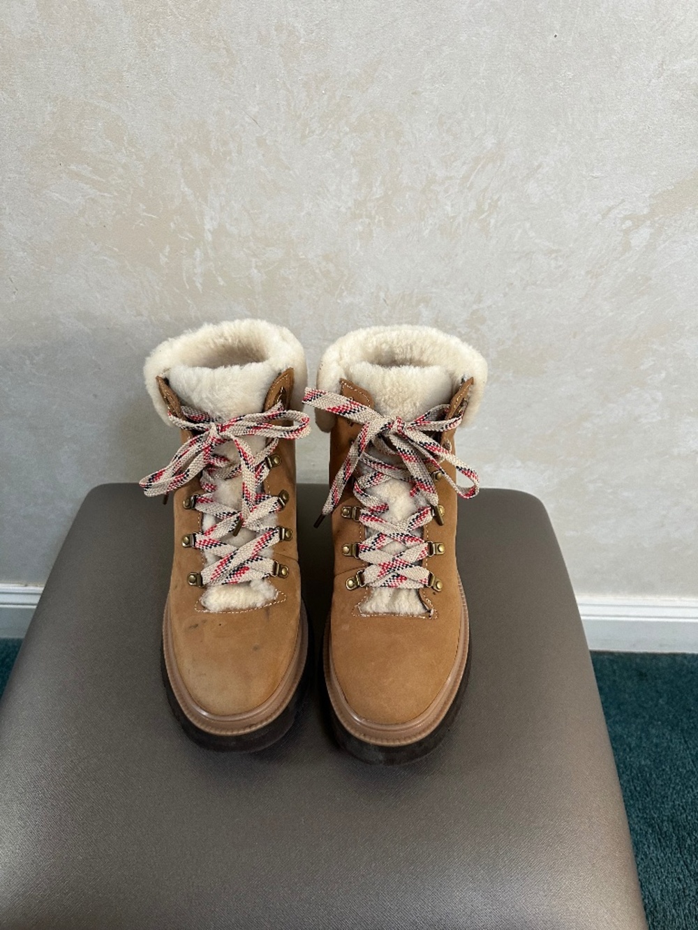 Bionico Beige Faux Suede Faux Fur Lined Winter Ankle Boots Lace Up